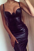 Sexy Black Faux Leather Padded Midi Dress